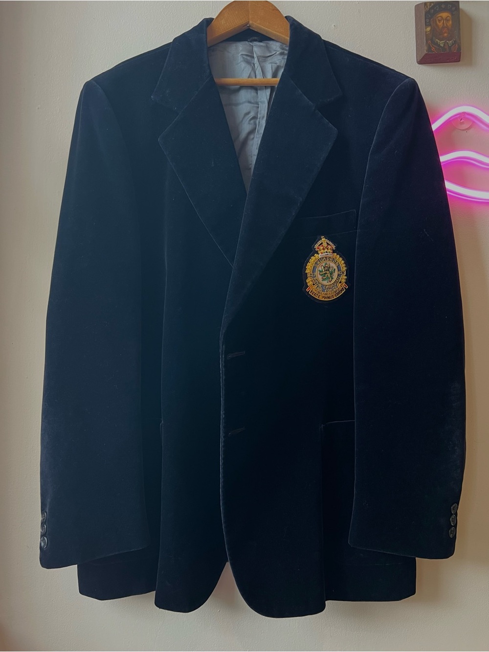 Vintage Navy Velvet Blazer with Gold Embroidered Royal Canadian Air Force Crest